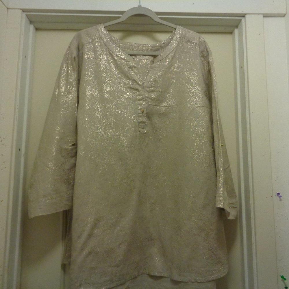 METALLIC GIRL BEIGE GOLD METALLICS LILA ROSE BIG SHIRT BLOUSE 3X
